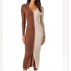 ASTR the label Chic Long Sleeve Brown and Cream Dress